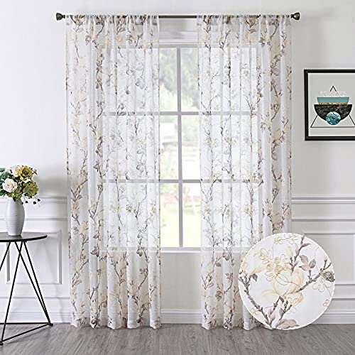 Tollpiz Floral White Sheer Curtain Flower Print Vine Embroidery Bedroom Curtains Rod Pocket Voile Window Curtain for Living Room, 54 x 84 inches Long, Set of 2 Panels