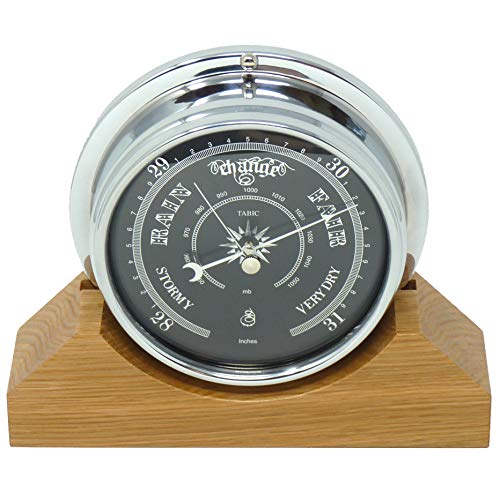 Tabic Handmade Prestige Barometer in Chrome - Mounted on an English Oak Mantel/Display Mount - Classic Weather Predictor and Elegant Decor Piece - Blending Timeless Design with Modern Precision