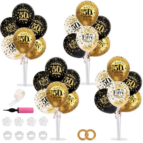 TONIFUL 4 Set Black Gold Balloon Stand Kit for Birthday Decorations for 50th,Balloon Centerpieces for Table Party Decorations Cheers to 50 Years Old Birthday for Men and Women