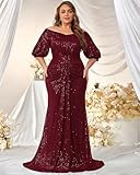 Women's Plus Size Off Shoulder Puff Sleeve Sequin Formal Maxi Dress Evening Party Gowns Red