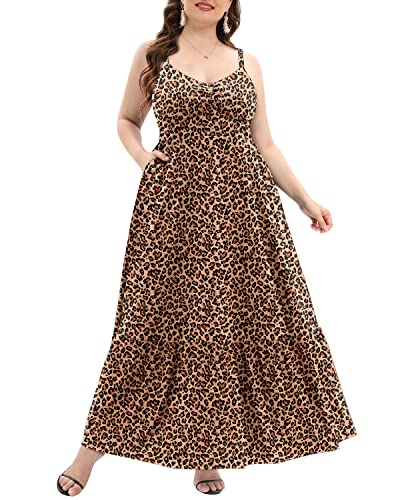 Plus Size Maxi Dresses Women Leopard Print Cheetah Tiered Long Pockets Party Casual Beach Spaghetti Strap Flowy Sundress