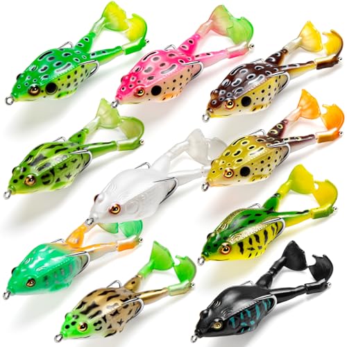 Topwater Frog Lure Bass Trout Fishing Lures Kit Set Realistic Prop Frog Soft Swimbait Floating Bait with Weedless Hooks for Freshwater Saltwater（Pack of 10）