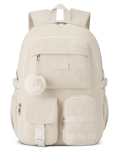 KROSIAS School Backpack for Teens Girls, Large Corduroy Bookbag Lightweight 17.3 inch Laptop Bag for Women Elementary Middle High School College Backpacks Students Travel Daypack - Beige
