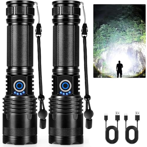 Rechargeable LED Flashlights High Lumens, 9000 Lumens Super Bright Flashlights with 5 Modes, Waterproof Powerful Flash Light Multifunctional Flashlights for Home Camping Hiking(2 Pack)