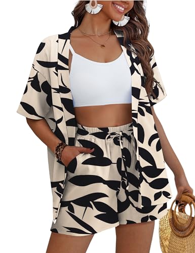 REDHOTYPE Women's 2 Piece Outfits Kimono Style Tropical Print Cover Ups Half Sleeve Blouse Shorts Set Summer Beachwear,Apricot 01,XL