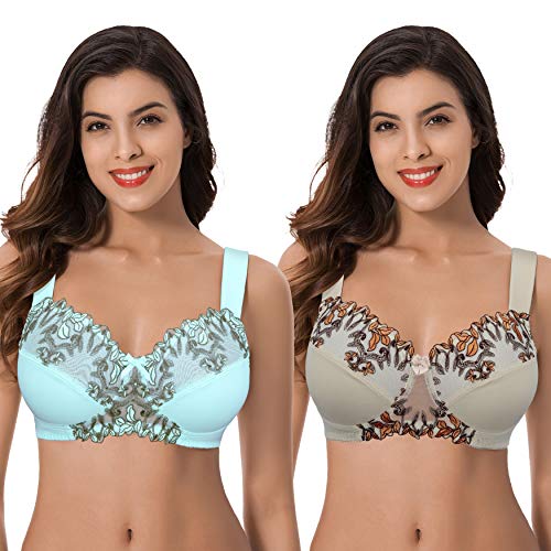 Curve Muse Women's Plus Size Minimizer Wireless Unlined Bra with Embroidery Lace-2Pack-Nude,Blue Light-40C