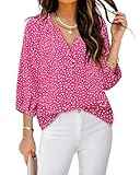 Cute Fall Tops for Women: 3/4 Sleeves - Shirts for Women Dressy Casual - Fuschia Womens Pink Shirt Trendy V Neck Work Blouse for Women Ladies Chiffon Valentines Day Outfits Date White Heart Print XL