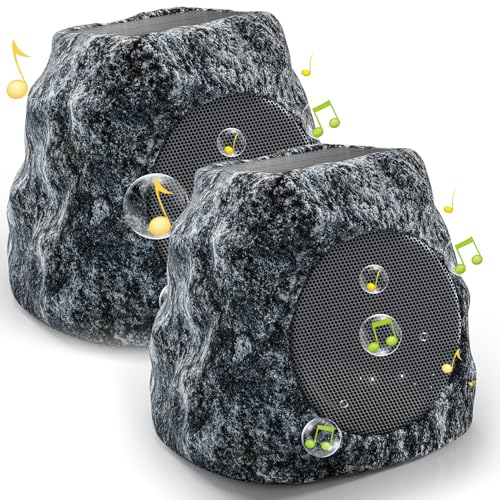 Outdoor Rock Speaker 60W Deep Bass Multi-Sync up to 100 Speakers Auto-Pairing, IPX7 Waterproof Solar-Powered Bluetooth Speaker Perfect for Pool, Garden, Patio, Ideal for Music Entertainers - 2 Pack
