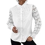 Rooscier Women's Lace Crochet Mock Neck Long Sleeve Button Elegant Blouse Shirt Top Solid White Small