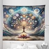 Ambesonne Tree of Life Tapestry King Size, Intangible Artwork Universe Life and Chaos Lotus Celestial Clouds, Wall Hanging Bedspread Bed Cover Wall Decor, 104" X 88", Blue Lilac Pale Orange