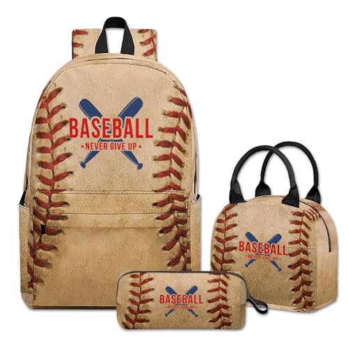 Okentiso Back to School Baseball Backpack Set 3PCS – Old-Fashion Sports Bookbag with Lunch Bag & Pencil Case, High Capacity School Bag for Boys Girls, Stylish Backpack for Class, Gym or Travel