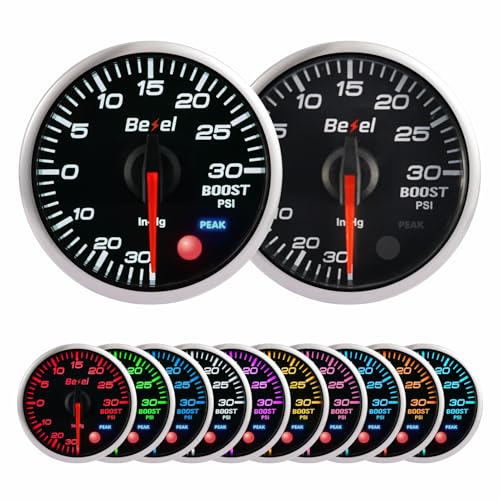 Bezel Boost Gauge Kit -30inHg~30Psi Black Indash Brushless Series 2-1/16'' (52mm) Clear Lens - Includes Electrical Sensor - Fast Response Rate - 10 Colors - for car & Truck - 270° Sweep - JDM - USDM