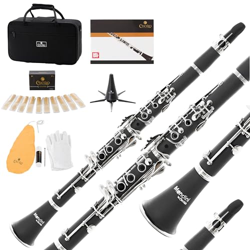 Mendini By Cecilio B Flat Clarinet for Beginner, Ebonite Bb Clarinet with 10 Reeds, Mouthpiece, Cork Grease, Gloves, Cleaning Cloth, Hard Case, Pocketbook, Stand (Black)