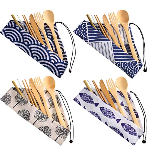Boao 4 Sets Bamboo Utensils Wooden Utensils Set Japanese Style Reusable Cutlery Travel Chopsticks Fork Spoon Straw Portable Utensil Case for Travel Hiking Picnic Camping Cooking Kitchen(Chic Style)