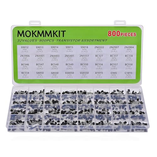 MOKMMKIT 32 Values 800 Pieces Transistor Assortment Kit 2N2222 2N2907 2N3904 2N3906 2N5401 2N5551 S8050 S8550 S9012 S9013 S9014 S9015 A1015 C1815 C945 BC327 BC337 BC547 BC550 BC557 PNP NPN TO-92