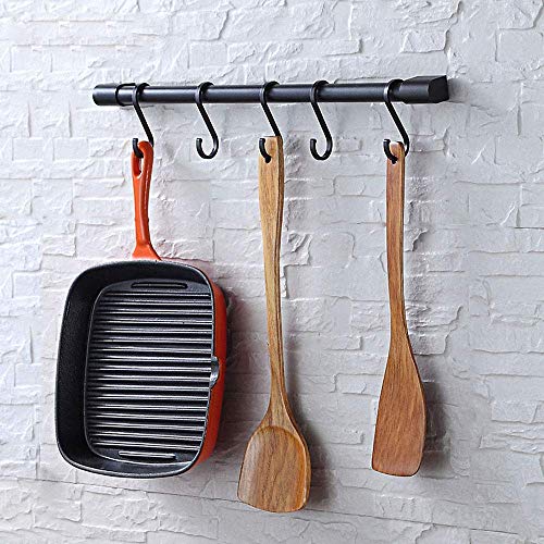 KAIYING Kitchen Utensil Rack with Removable S Hook for Hanging Pots and Pans, Rod Hooks for Mugs, Wall Mounted Kitchen Rail Organizer, Aluminum,(Black-5 Hooks)