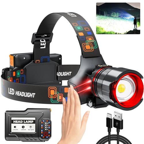 YUSEUB Rechargeable Headlamp High Lumens, Super Bright LED Head Lamp with Motion Sensor, 12 Modes, IPX7 Waterproof, 125° Adjustable, Zoomable Headlight for Adults, Camping, Cycling, Running