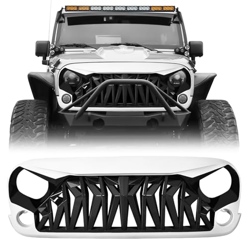 ICARS Front Grill Shark Grille Compatible with 2007-2018 Jeep Wrangler Rubicon Sahara Sport JK JKU, White and Black