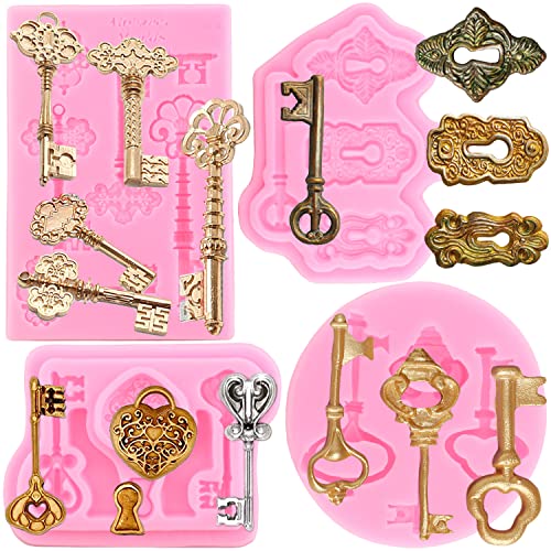 ZiXiang Vintage Key Fondant Molds Lock Keyhole Silicone Chocolate Mold For Cake Cupcake Decorating Candy Sugarcraft Gum Paste Polymer Clay Resin Set Of 4