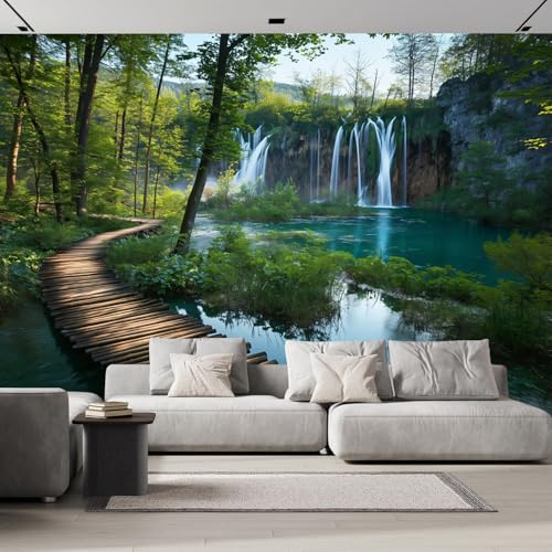 DLERFLOVR 3D Photo Wallpaper Europa-Park Waterfalls 151" Wx 105" H - National Parks Silk Cloth Mural Wallpaper, Green Wall Stickers Art Wall Mural for Living Room Sofa Tv Background Bedroom