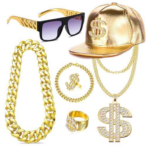 GIFIKOI 80s 90s Hip Hop Costumes Outfit Kit Fake Gold Chain Necklace Gold Dollar Sign Cap Jewelry Set Rapper Accessories