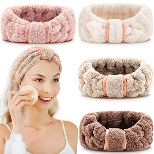 WILLBOND 4 Pack Microfiber Headbands Spa Facial Headbands Makeup Head bands Elastic Terry Cloth Head Wrap for Women Girls Washing Face Makeup Shower Yoga Sports(Coffee, Khaki, Pink and White)