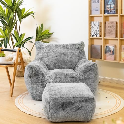Cvortll Bean Bag Chair with Ottoman, Armrest Bean Bag Chairs with Filler, Ultra Soft Fluffy Faux Fur Bean Bag Chair with Foot Rest, Plush Lazy Sofa with Foot Stool for Living Room, Dorm