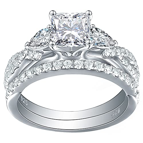 Newshe Jewellery 2.5ct Princess Pear White AAAAA Cz 925 Sterling Silver Engagement Wedding Ring Set Size 7