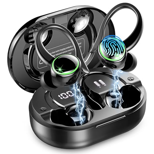 Wireless Earbuds, Bluetooth 5.4 Headphones Sports, 50H Playback Over-Ear buds with ENC Noise Cancelling Mic, Deep Bass Fitness Earphones Gym Running Workout with Earhooks , IP7 Waterproof Headset