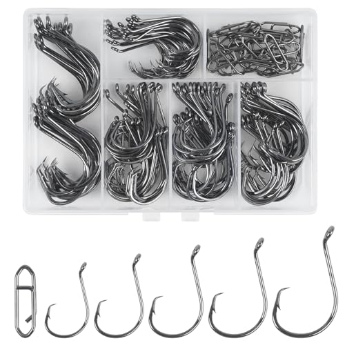 Circle Hooks Saltwater Catfish Bass Fishing Hooks, 135pcs Octopus Offset Circle Fishing Hooks with 25pcs Power Clips Fishing Tackle Kit