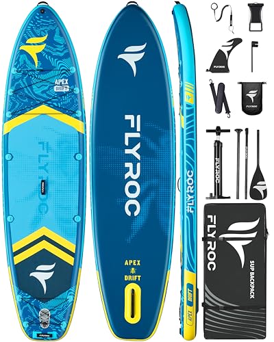 FLYROC 11'6x35'' Extra Wide Inflatable Paddle Board, 450lb Capacity Stand Up Paddle Board for Adults (x3), Stable Inflatable SUP, All Skill Levels, 3 Handles, 100L Backpack, 3PCS Paddle, 5L Dry Bag