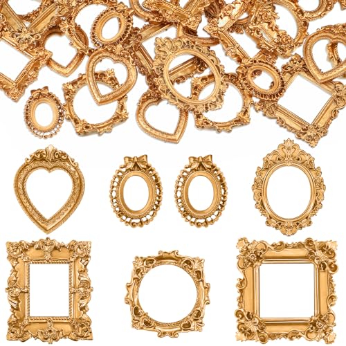 Remerry 60 Pcs Mini Frame, Vintage Resin Picture Antique DIY Manicure Jewelry Small Display Frames Photography Resin Photo Frame Home Decoration (Gold)
