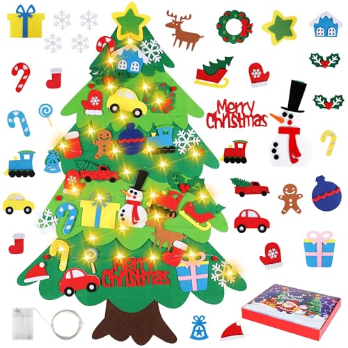Onekka DIY Felt Christmas Tree Set with 32pcs Ornaments for Kids, Xmas Gifts, Wall Hanging Toddler Christmas Tree with String Light