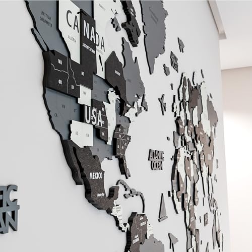 Colorfull Worlds 3D Wooden World Map Wall Art | Unique Wall Decor with Pins for Travel Enthusiasts | Home and Office Wall Décor | Grey | Medium