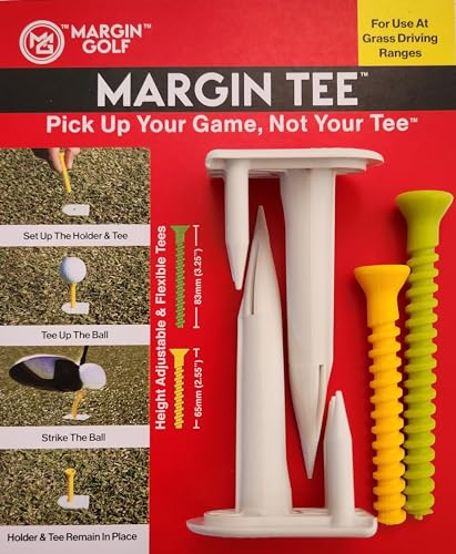 MARGIN Golf Driving Range tee Holder and Flexible Golf tees, for Grass, Automatic and Stays in Place, Height Adjustable, consistent tee Height, virtually Unbreakable Plastic tees 2 1/2" & 3 1/4"
