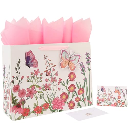 16.5” Extra Large 3D Butterfly Gift Bag Set with Handles, Greeting Card, Pink Tissue Papers and Stickers for Women Girls for Birthday, Mothers' Day, Wedding, Anniversary, Floral Design, 1 Pcs