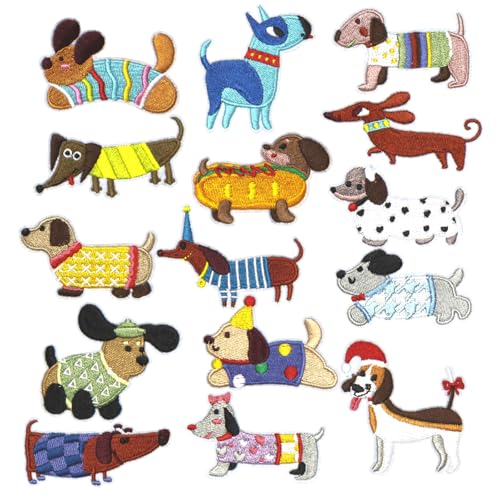 HEYTRCO 15PCS Cute Dogs Iron on Patches, Labrador Shepherd Golden Retriever Embroidered Patches for Clothes, Bulldog Dachshund Poodle Applique for Hats, Jeans, Jackets, Bags, Backpacks, Dress, Shoes
