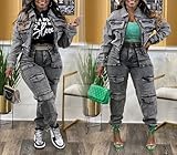 Voghtic Women's Two Piece Denim Outfits Long Sleeve Zipper Jean Jacket Cargo Pant Matching Sets