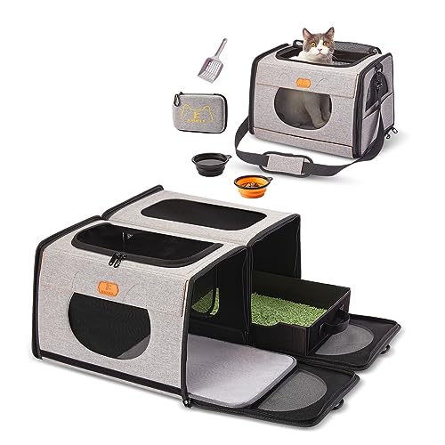 IC ICREATE.X Large Cat Carrier with Litter Box for Car Travel, Pet Carrier Bag 2-in-1，Double Cat Travel Transport Carrier for Long Distance, Collapsible Dog Crate, Cat Bag for Kitten 2 Cats