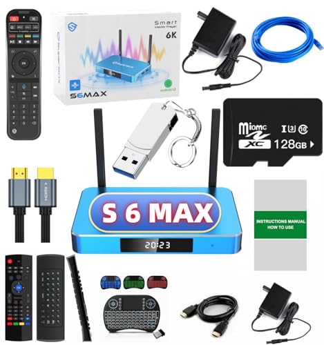 2025 Version S6 MAX 4GB RAM 64GB ROM 6K Ultra HD Built-in Voice Control 2*HDMI Cable,2* Power Supply,1* Voice Remote Control,1* 128 TF Card, 1 * 128 USB Flash Driver ect