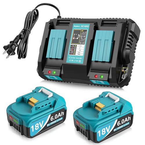 TeenPower 2Packs 6.0Ah Replacement for Makita Battery 18V with 2-Port Charger