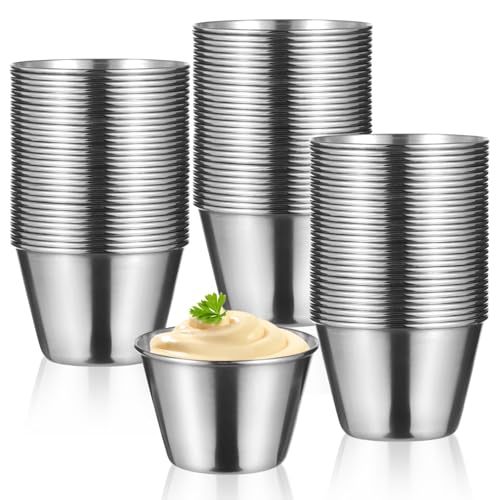 100Pcs Stainless Steel Dipping Sauce Cups, 2.5oz Metal ramekins,Reusable Metal Sauce Cups Stainless Steel Condiment Cups Small Dipping Bowls Round Individual Portion Cups for Home, Restaurant