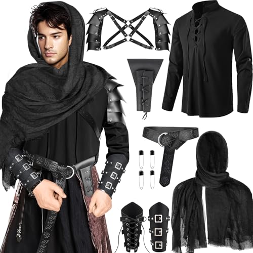 Fasouna 7 Pcs Men's Renaissance Costume Set Medieval Pirate Shirt Viking Shawl Belt Shoulder Armor Sword Bag for Halloween Cosplay