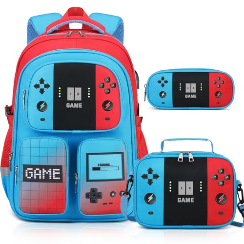 Gamer Backpack for Boys , 3PCS Boys Backpack with Lunch Box & Pencil Pouch, Waterproof School Bags for Boy Kids Children Teens, Elementary Middle School, Kids Book Bag Casual Daypack (Red Blue)