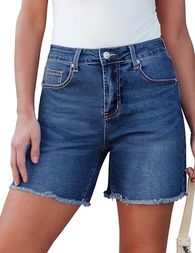 luvamia Jean Shorts for Women Trendy High Waisted Stretchy Denim Summer Casual Raw Hem Mom Long Shorts Cutoff Jorts Nashville Outfits for Women Classic Blue Size Large Fits US 12-14