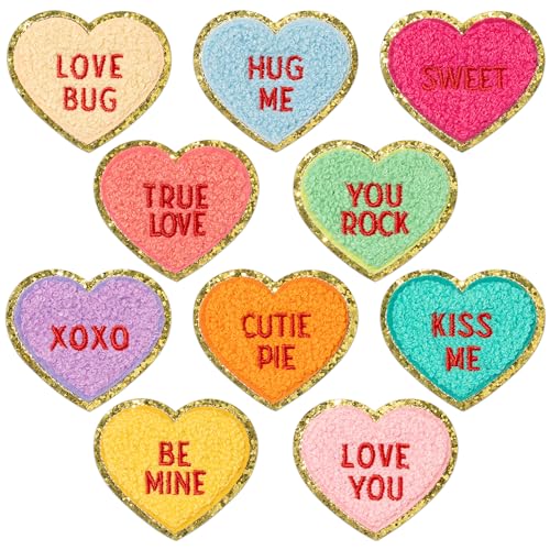 10Pcs Valentine's Day Iron on Patches, Conversation Hearts Chenille Iron on Knee Patches Colorful Candy Heart Embroidered Patches Applique DIY Accessory for Backpack Clothes Dress Pants Hats Jeans