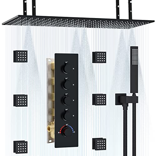 HOMEDEC Luxury Matte Black Shower System, Multi Functions 15.7x31.5inch Mist Rain Shower Head System with Full Body Sprays Jets, Rainfall Ceiling Thermostatic Shower Faucet Set