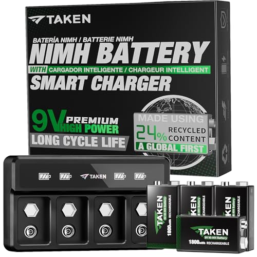 TAKEN Rechargeable 9v Batteries with Charger, High Capacity 4-Pack 1800mWh 9Volt NiMH Battery Made with 24% Recycled Content, 10 Year Shelf Life - for Smoke Alarms/CO Detectors, Electronics, and More