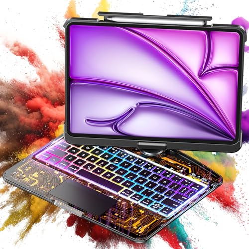 Clear Wireless Keyboard Case for iPad Air 13 Inch (M3/M2, 2025/2024)/ iPad Pro 12.9" (6/5/4/3 Gen) 2018 2020 2021 2022, 7-Color Backlit, Pencil Holder & Multi-Touch Trackpad, 360 Rotatable, Black