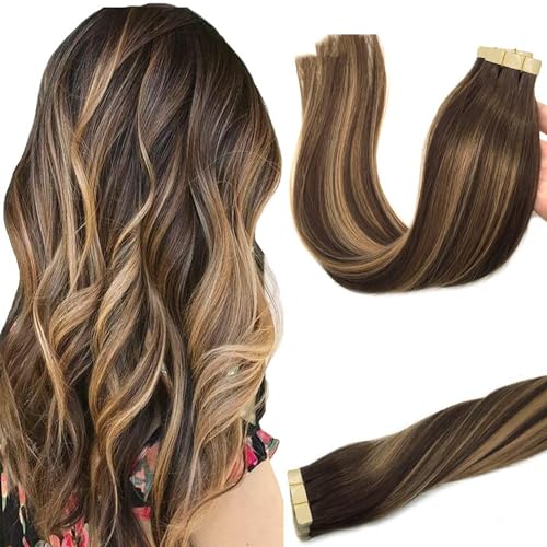 GOO GOO Tape in Hair Extensions Human Hair, 4/27/4 Balayage Chocolate Brown to Caramel Blonde, 22inch 50g 20pcs, Thick Ends Straight Seamless Tape in, Invisible Tape in Hair Extensions Human Hair